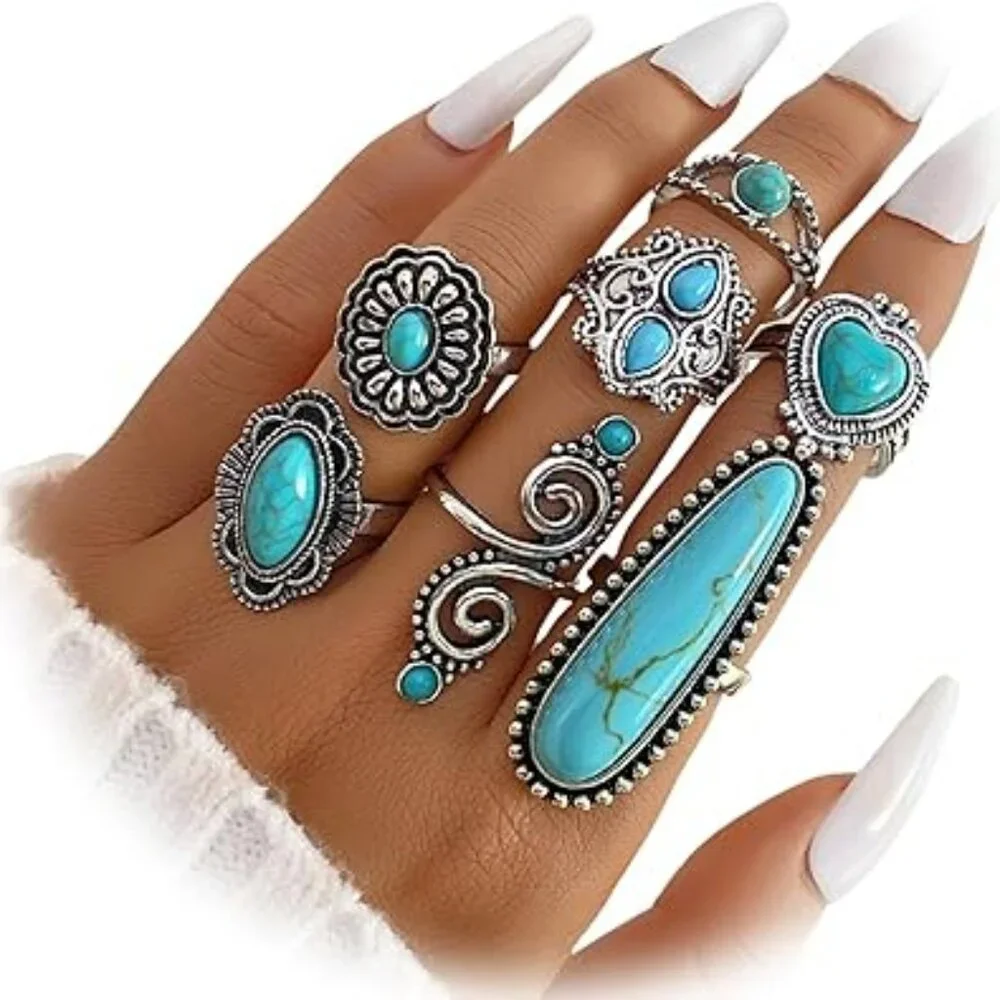 7 pc Set for Women Silver Rings Women‎ Turquoise Boho Jewelry